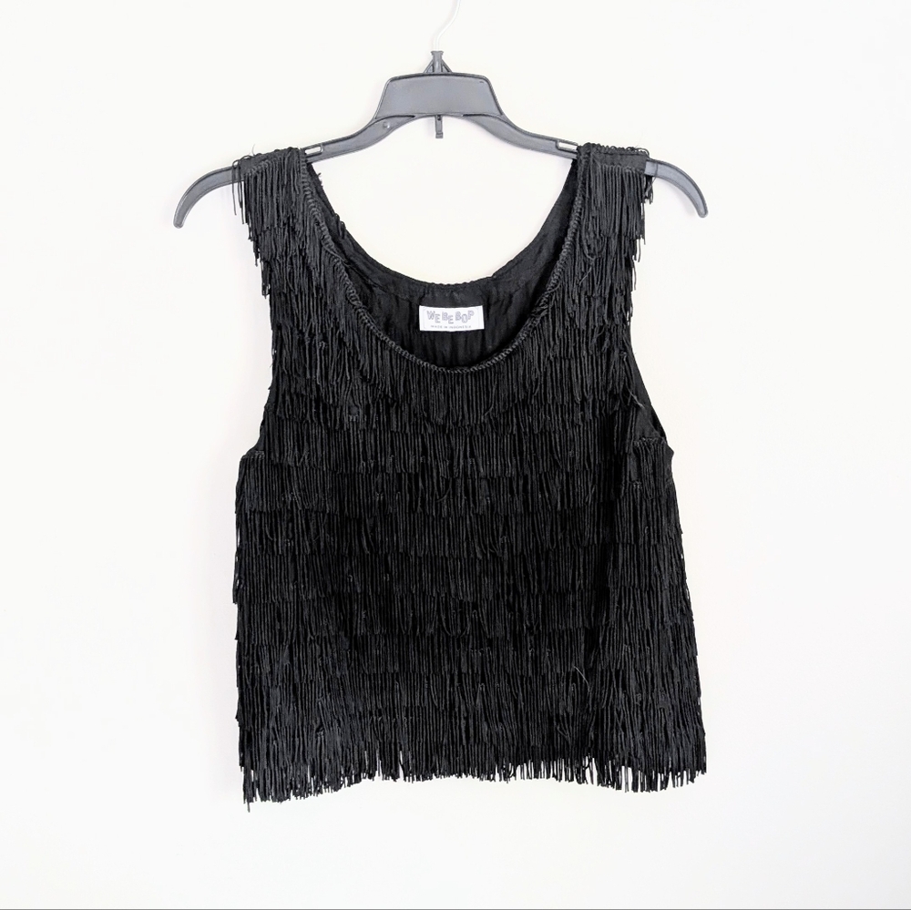 90s Vintage Flowy Flapper Silky Fringe Black Gothic Boxy Tiered Tassel Top